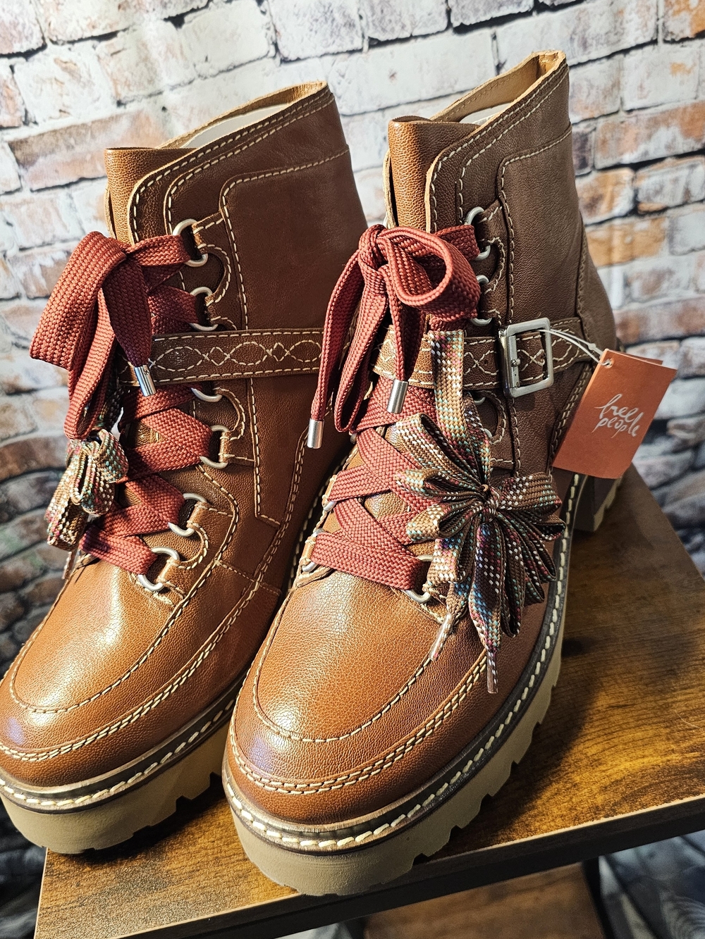 Free People Lug Sole Lace Up Combat Hiking Boots Cognac Brown Size 11 NIB - Picture 1 of 8